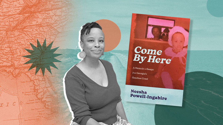 An editorial-style photo of author Neesha Powell-Ingabire next to a picture of her book on a blue and orange background.