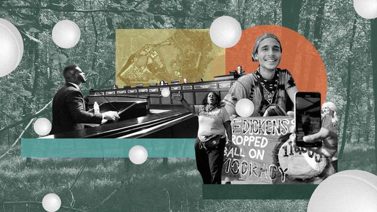 Collage photo of Stop Cop City activists Mary Hooks, Devin Barrington Ward and Tortuguita