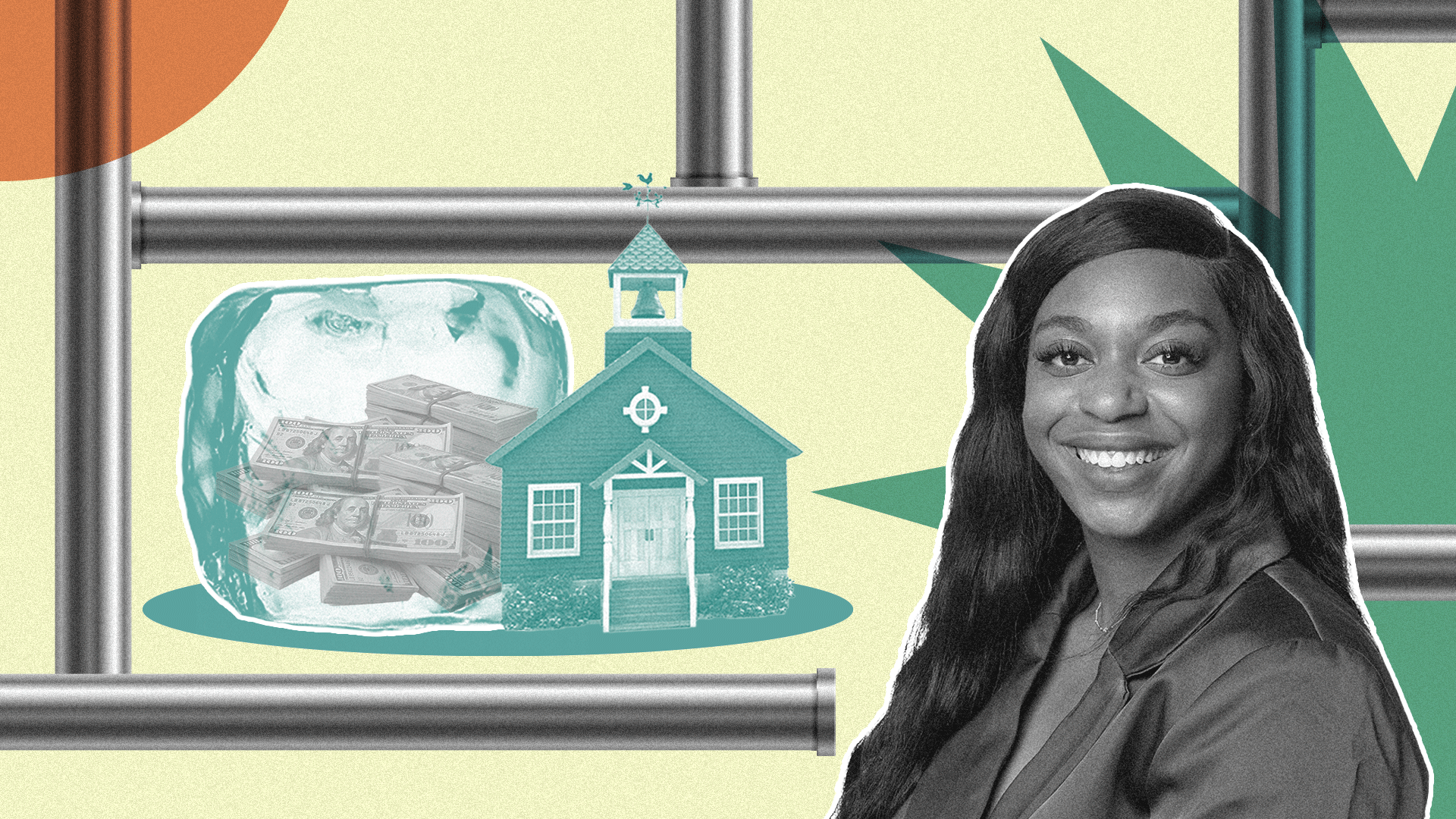 An illustration of Aireane Montgomery in black and white tones in front of an array of piping. A school and ice cube filled with dollars sit to the side.